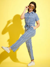 Girls Blue & White Cotton Striped Jumpsuit